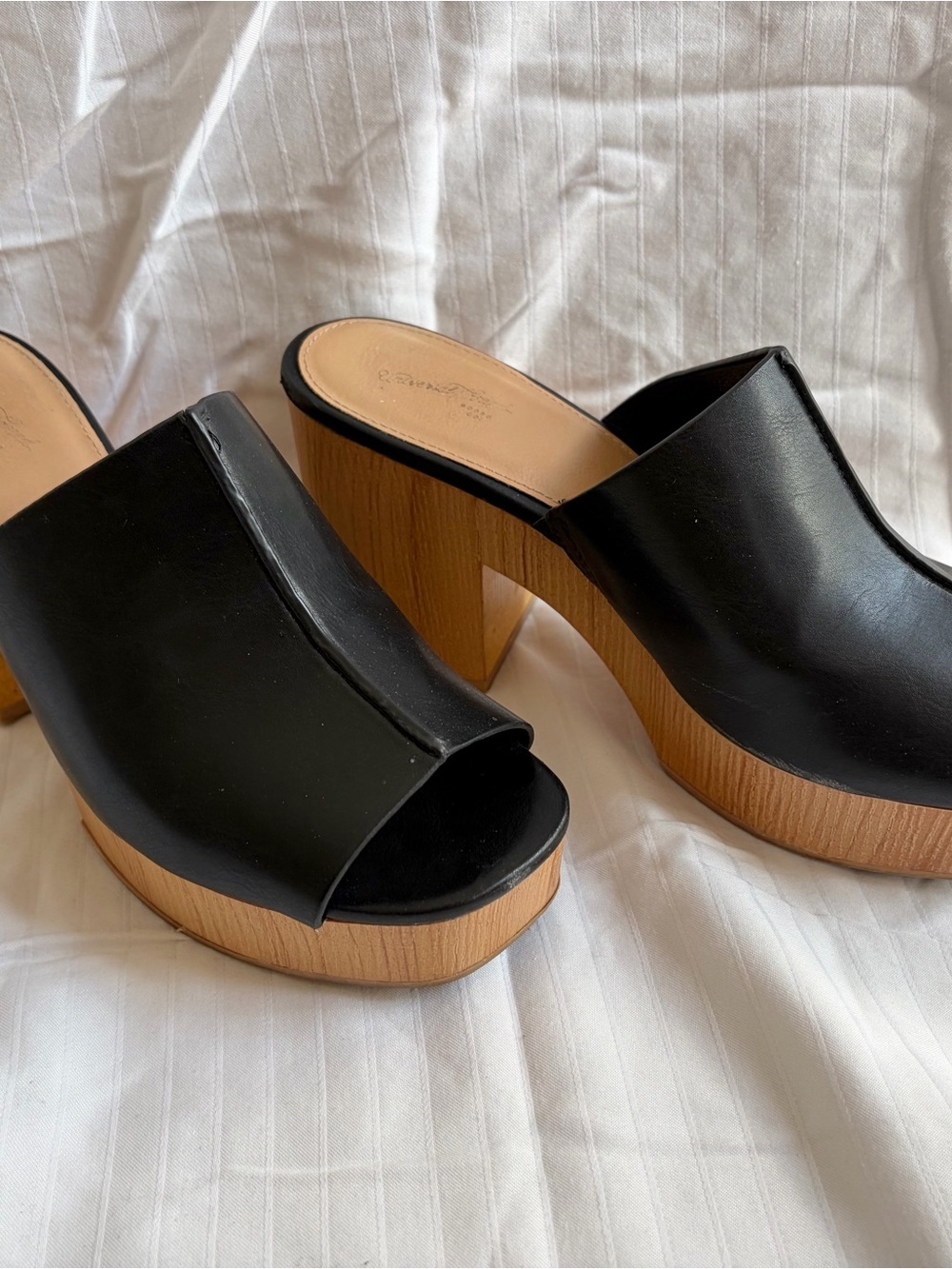 Black Platform Mule Heels with Wood-Look Sole